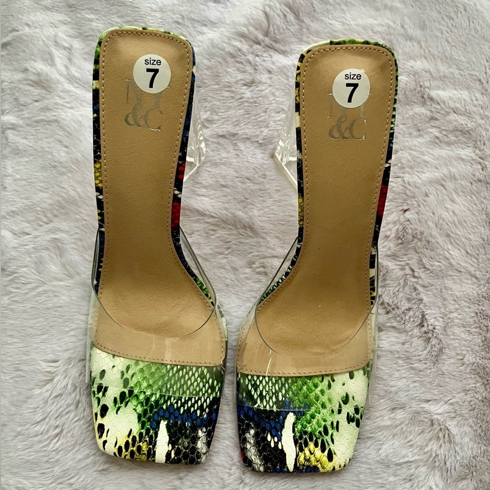 NEW YORK & COMPANY Heather Multi Color Clear Block Heel Mules Size 7 NWOB